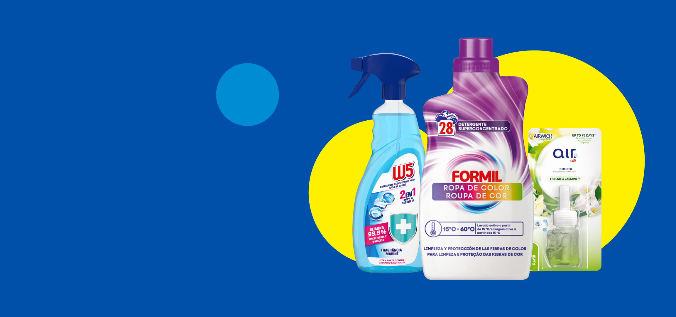 Produtos de limpeza Lidl: detergente Formil, spray W5 e recarga Airwick.