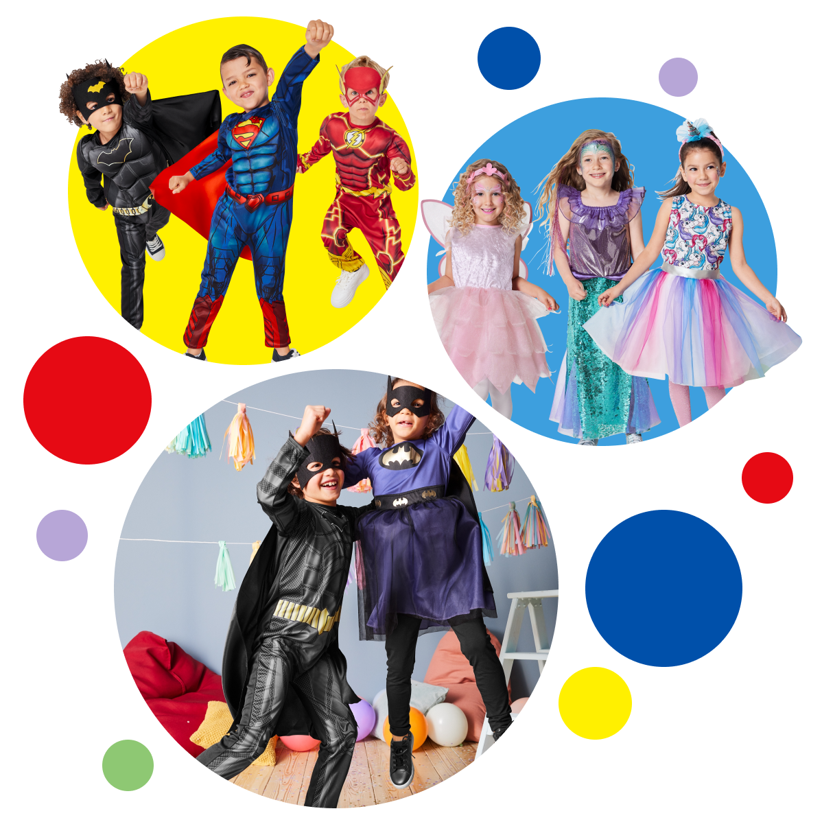 Trajes infantis: super-heróis e fadas.