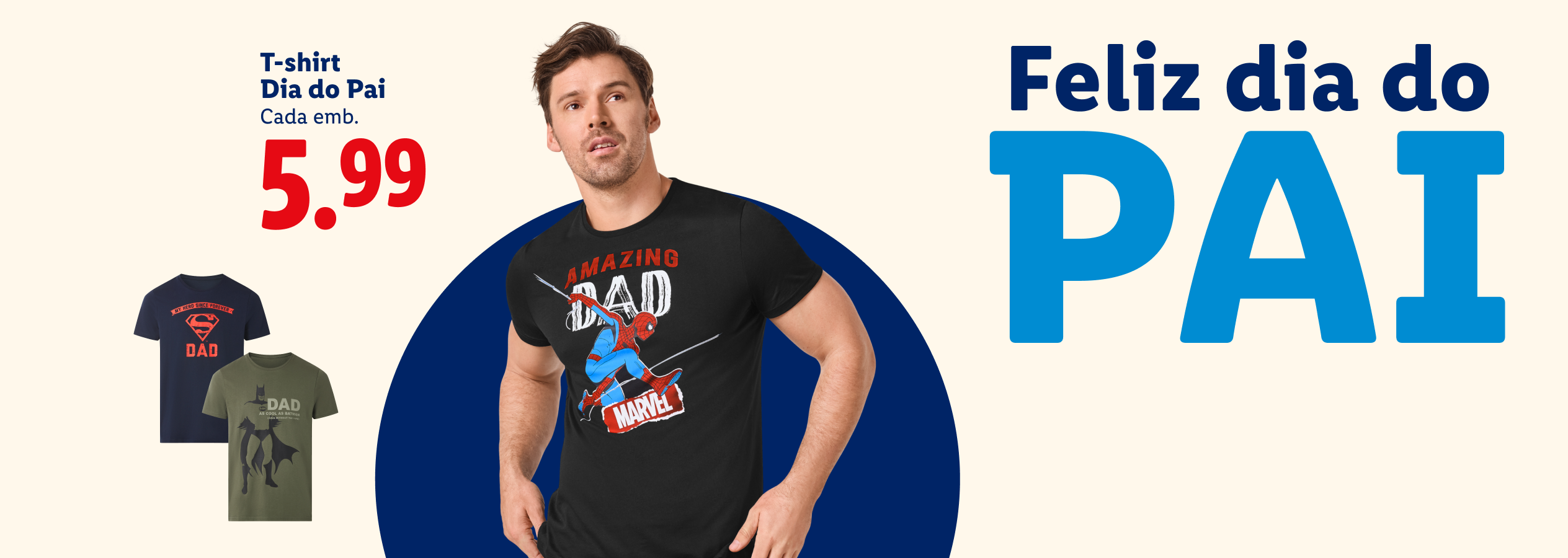 T-shirts do Dia do Pai com estampas de super-heróis, preço 5,99€.