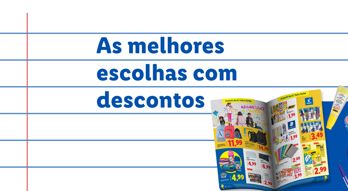 Catálogo de material escolar com mochilas, canetas BIC e Pilot, e tintas Carioca.