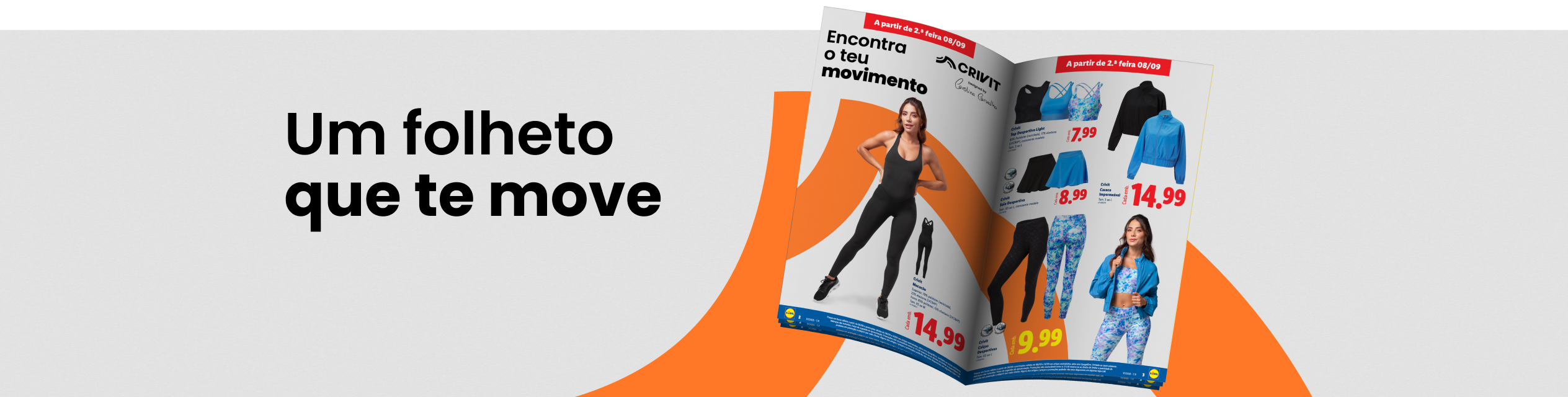 Folheto de desporto com roupa de fitness Crivit, incluindo tops, calças e casacos.