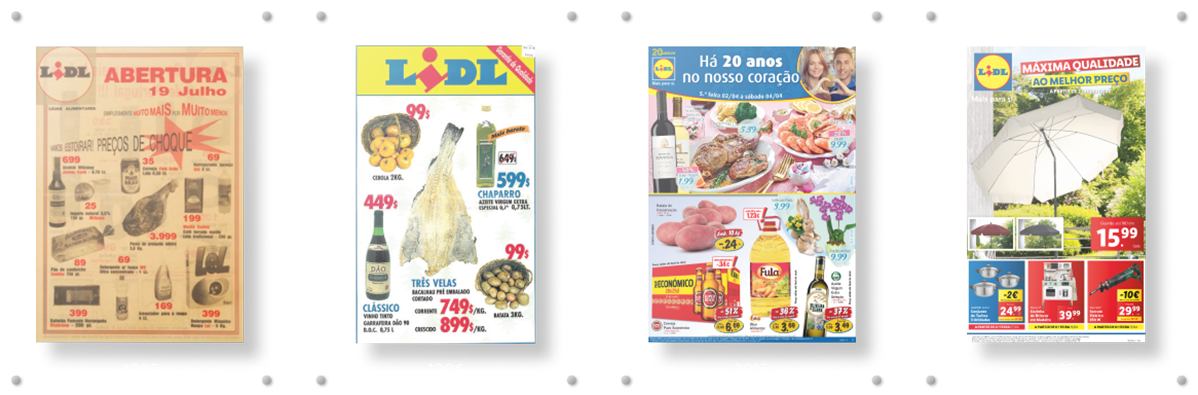 Folhetos LIDL com comida, bebidas e artigos de jardim, incluindo guarda-sóis.