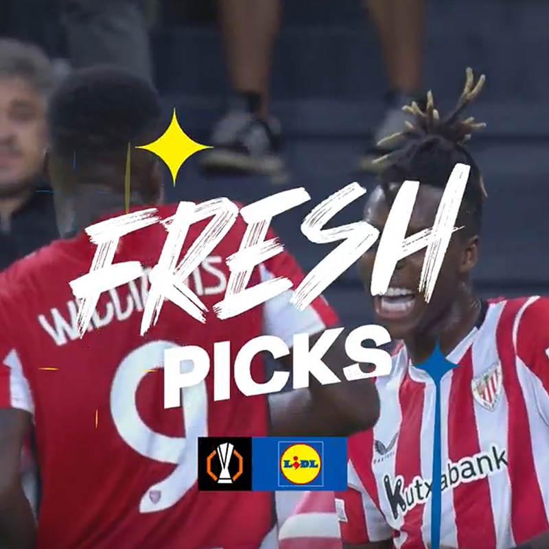 Jogadores de futebol em camisas vermelhas e brancas com o texto 'FRESH PICKS' e o logotipo da Lidl.