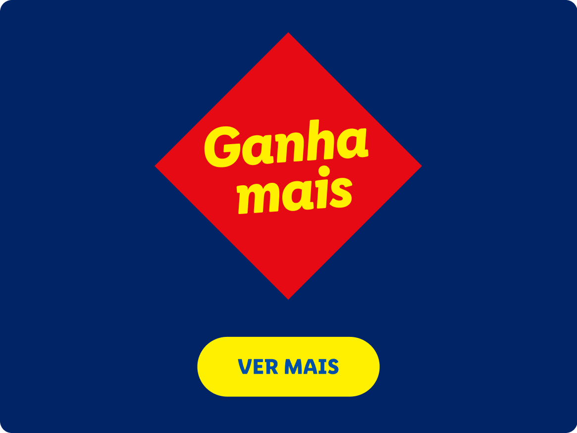 Fundo azul escuro com um losango vermelho e o texto 'Ganha mais' em amarelo, com um botão 'VER MAIS' em baixo.