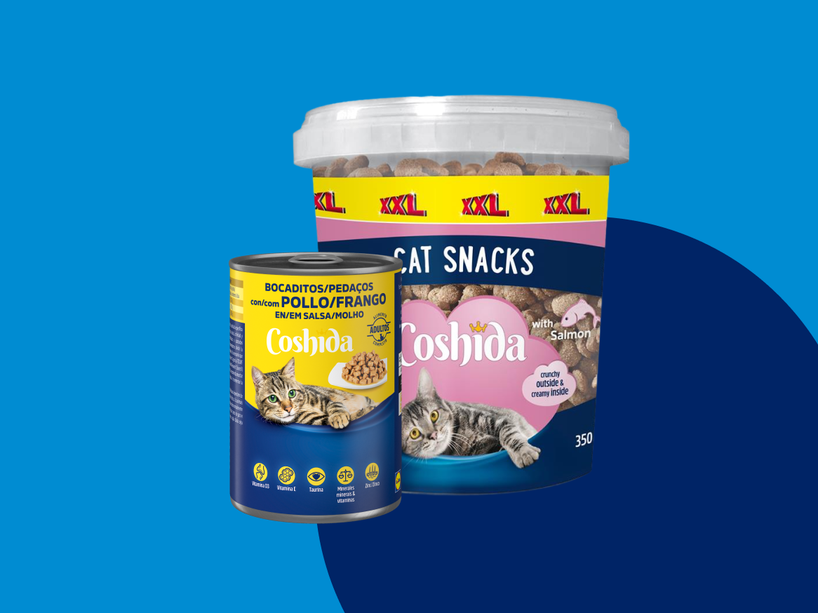Ração para gatos Coshida: lata de patê e pote de snacks.