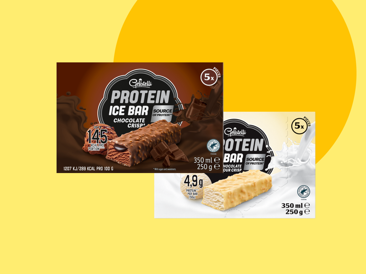 Barras de proteína Gelatelli: chocolate e baunilha, com 5 pedaços cada.