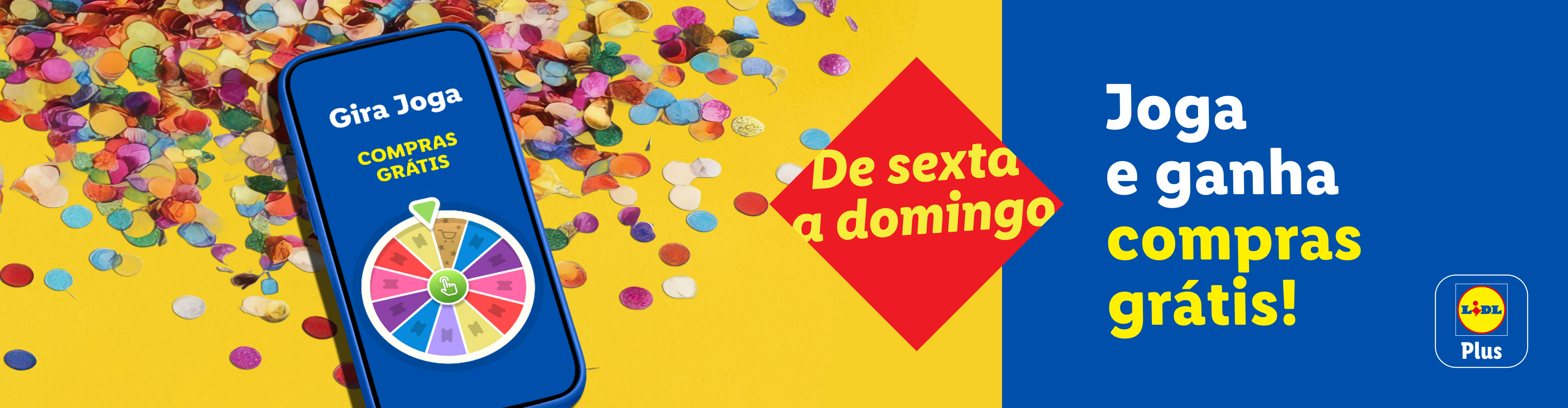 Anúncio do Lidl Plus com um telemóvel a mostrar o jogo 'Gira Joga' para ganhar compras grátis de sexta a domingo.