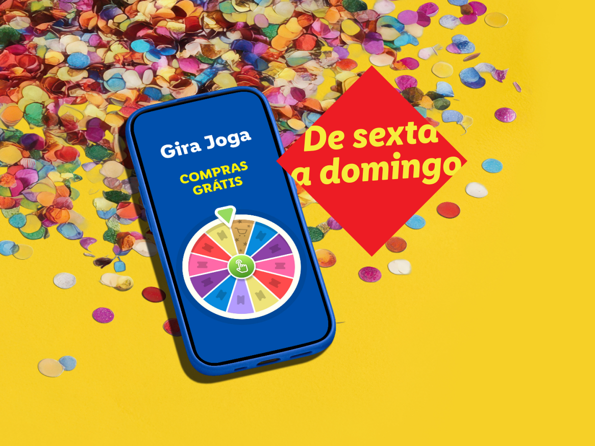 Smartphone com jogo de roda da sorte para compras grátis, rodeado de confetes, com a frase 'De sexta a domingo'.