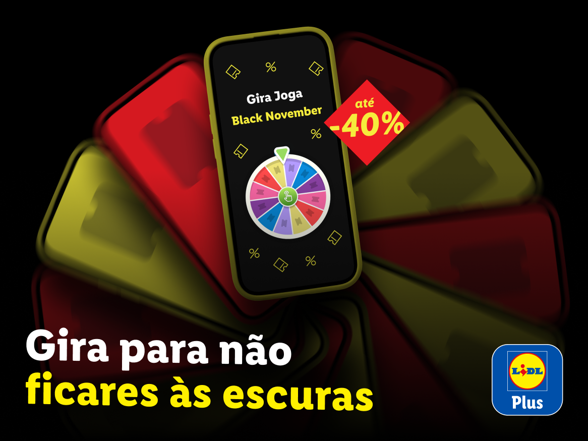 Smartphone com jogo de roleta 'Gira Joga Black November' e desconto de até -40%.