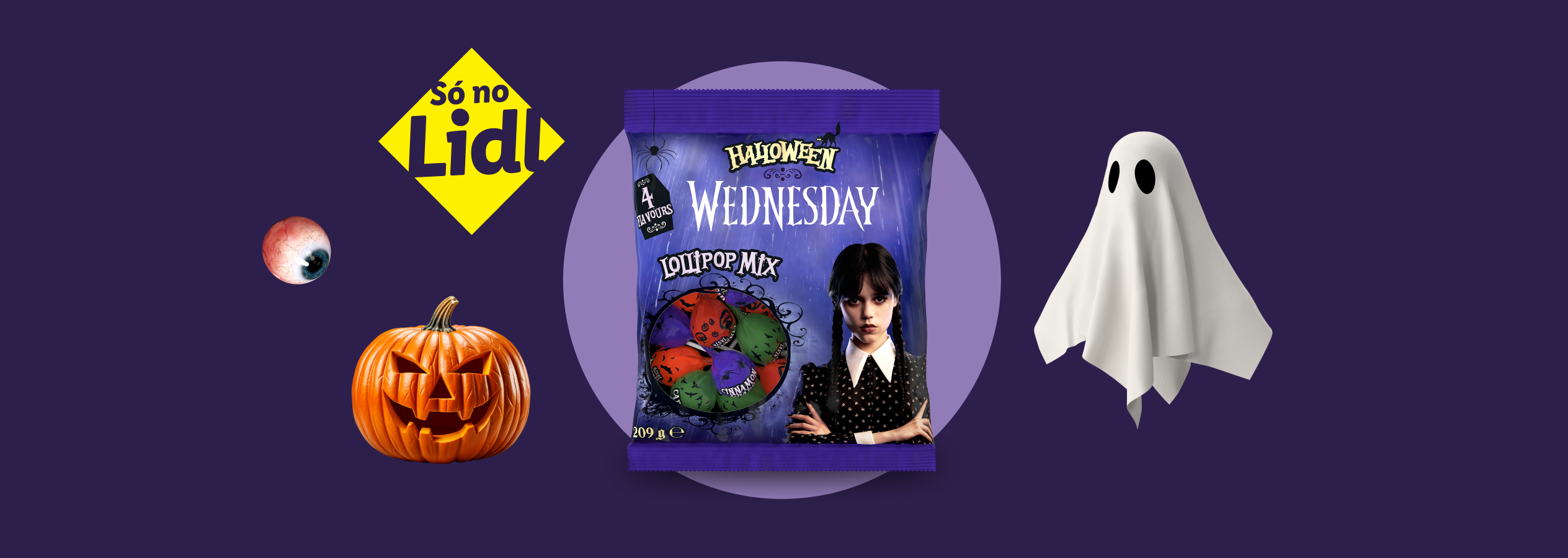 Embalagem de doces de Halloween com a Wednesday, abóbora, olho e fantasma.