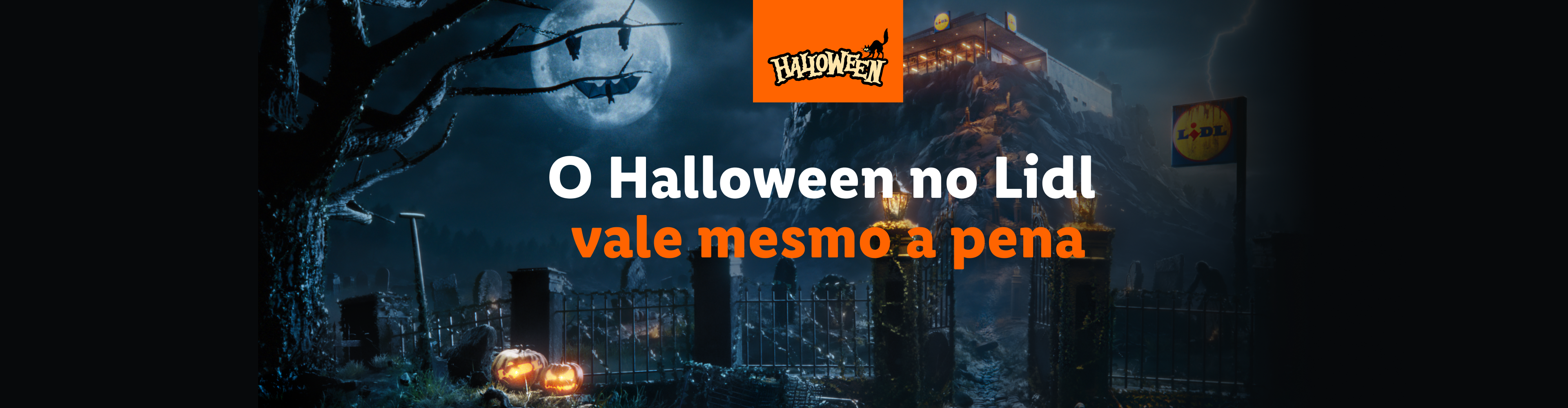 Um castelo assustador com o logótipo do Lidl e a frase 'O Halloween no Lidl vale mesmo a pena'.