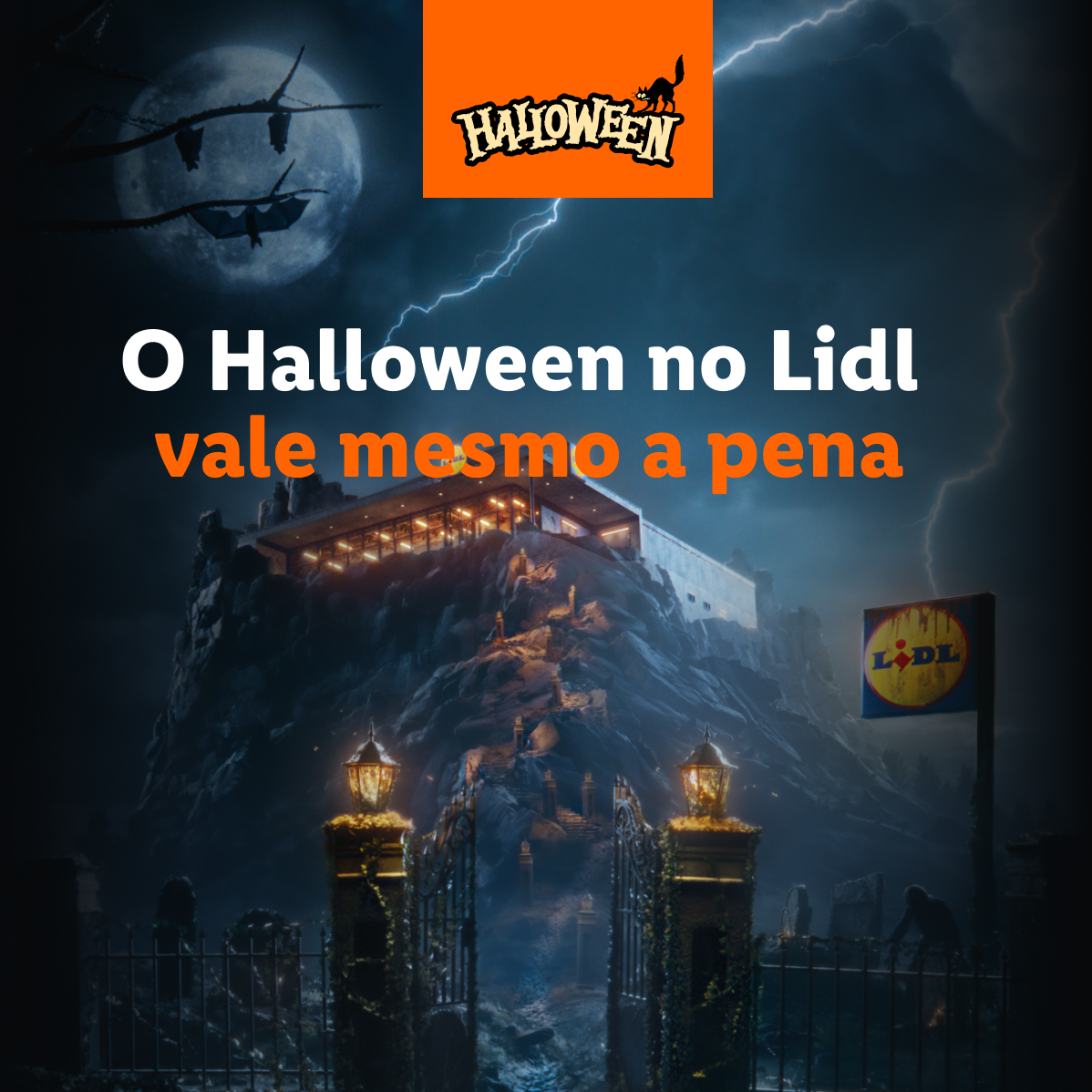 Um castelo assustador com o logótipo do Lidl e a frase 'O Halloween no Lidl vale mesmo a pena'.