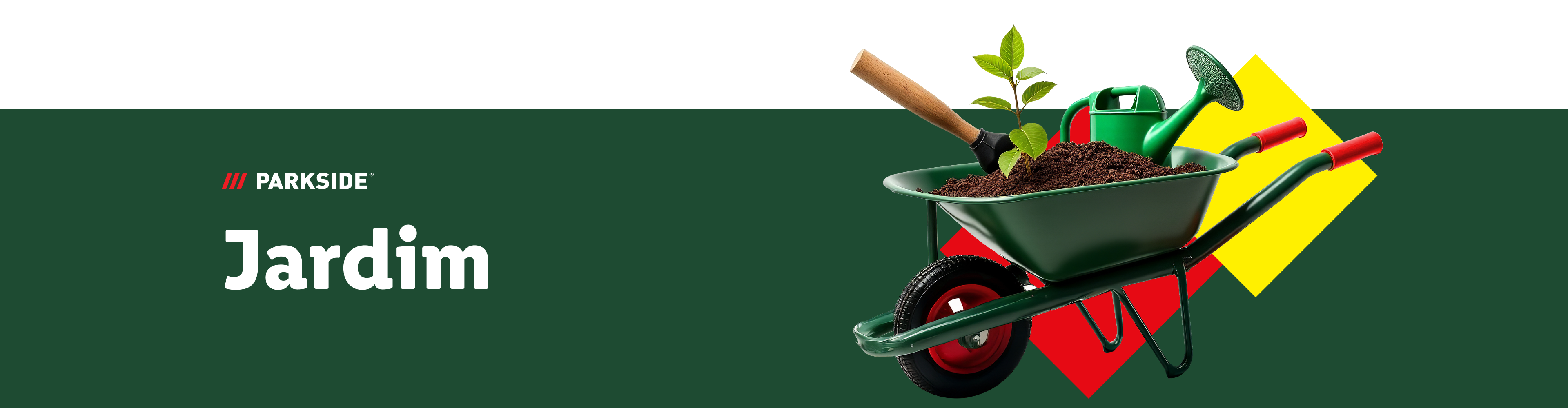 Carrinho de mão, regador e planta em um anúncio da Parkside Jardim.