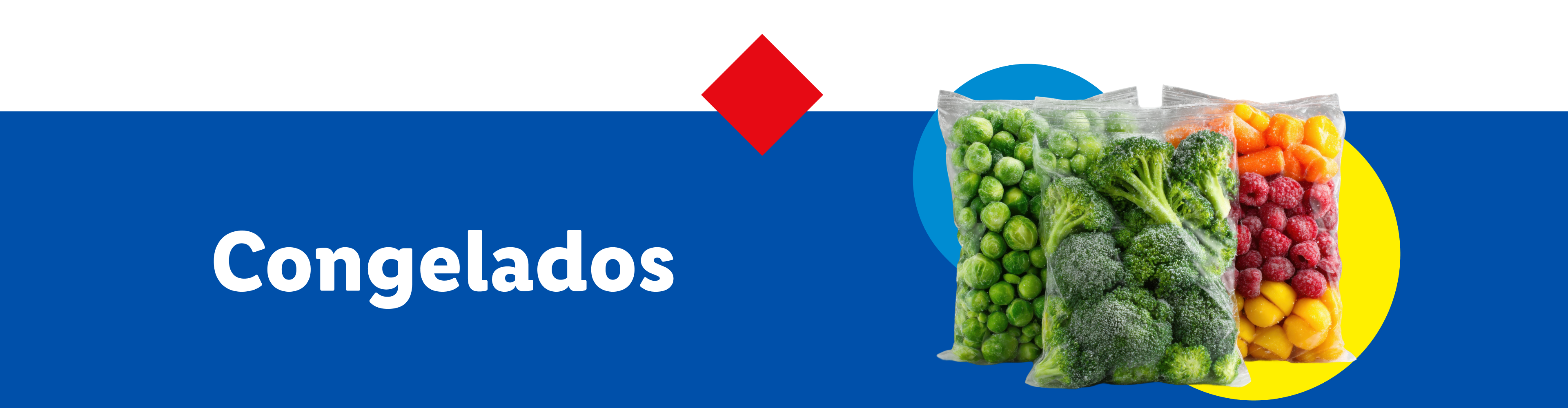 Três embalagens de vegetais congelados: brócolis, couve-de-bruxelas e uma mistura de frutas vermelhas e laranjas.