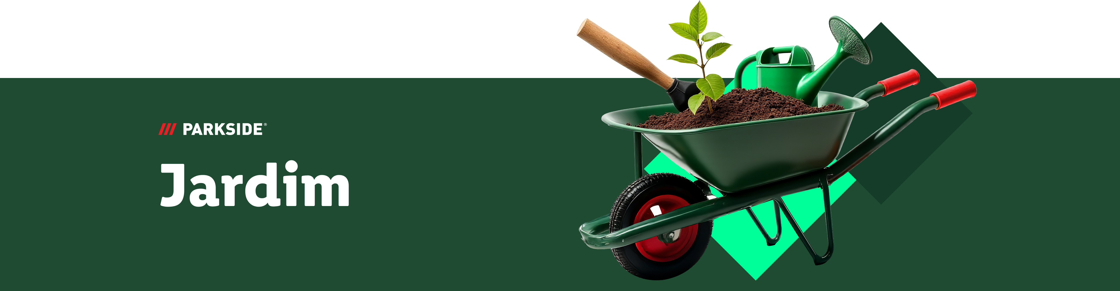 Carrinho de mão, regador e planta jovem da Parkside Jardim.