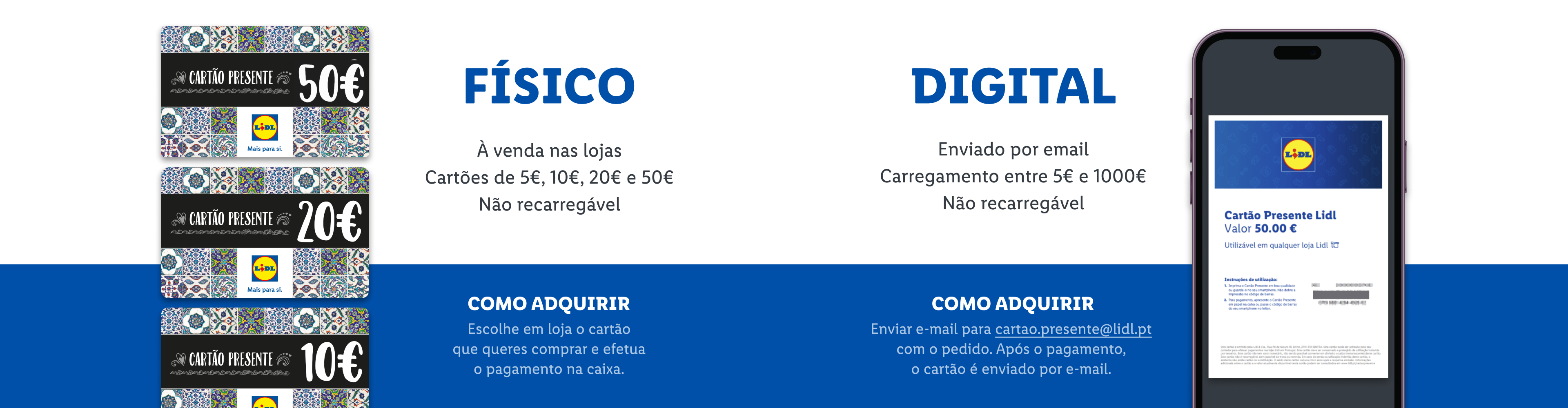Cartões presente Lidl físicos de 10€, 20€, 50€ e digitais de 5€ a 1000€.