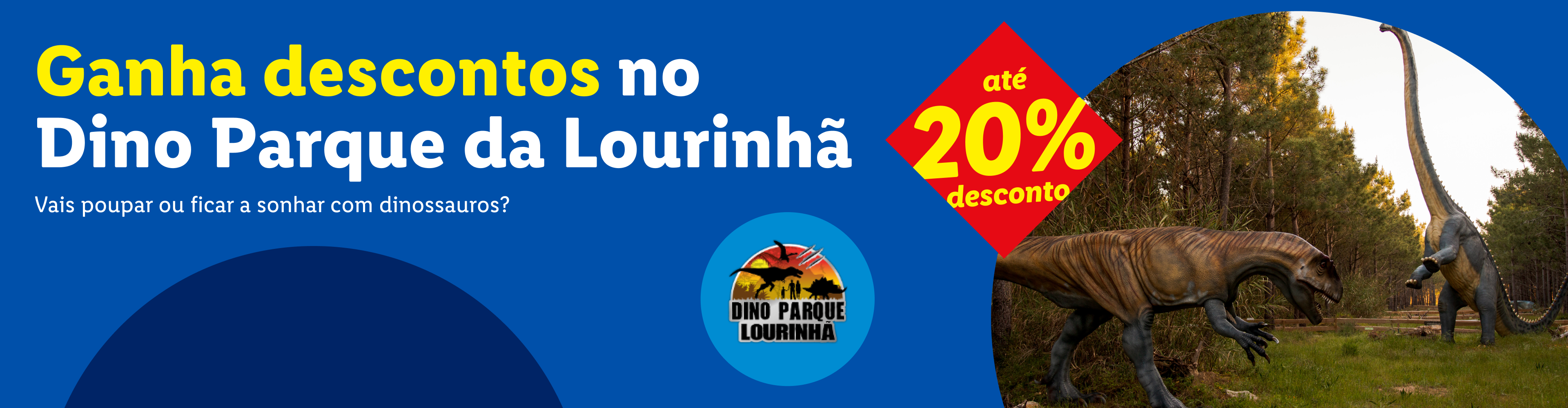 Anúncio do Dino Parque da Lourinhã com desconto de 20% e dinossauros.
