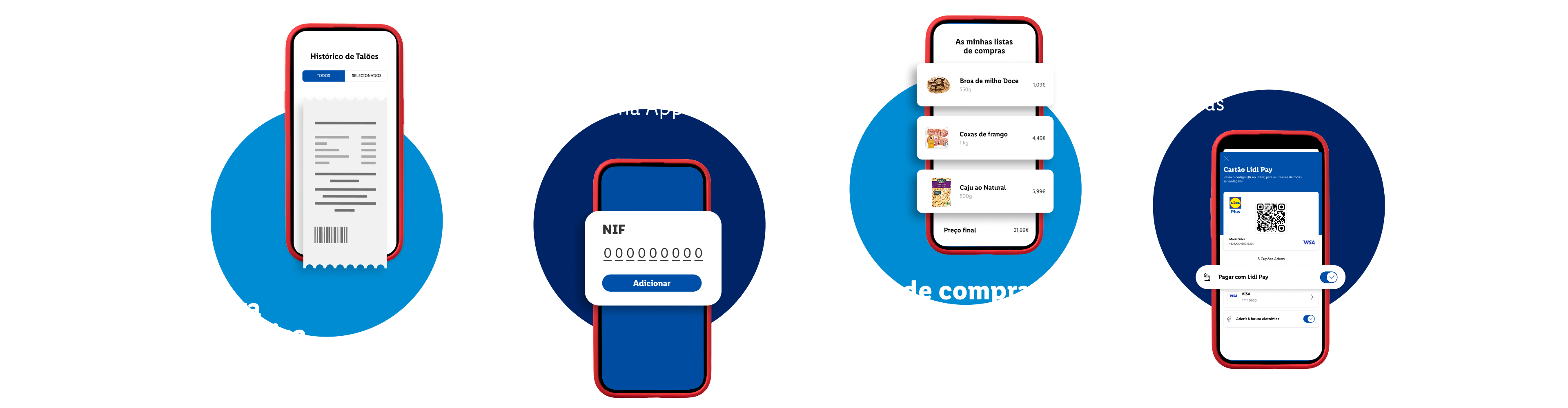 Quatro ecrãs de smartphone com funcionalidades da aplicação: talões, NIF, lista de compras e pagamento.