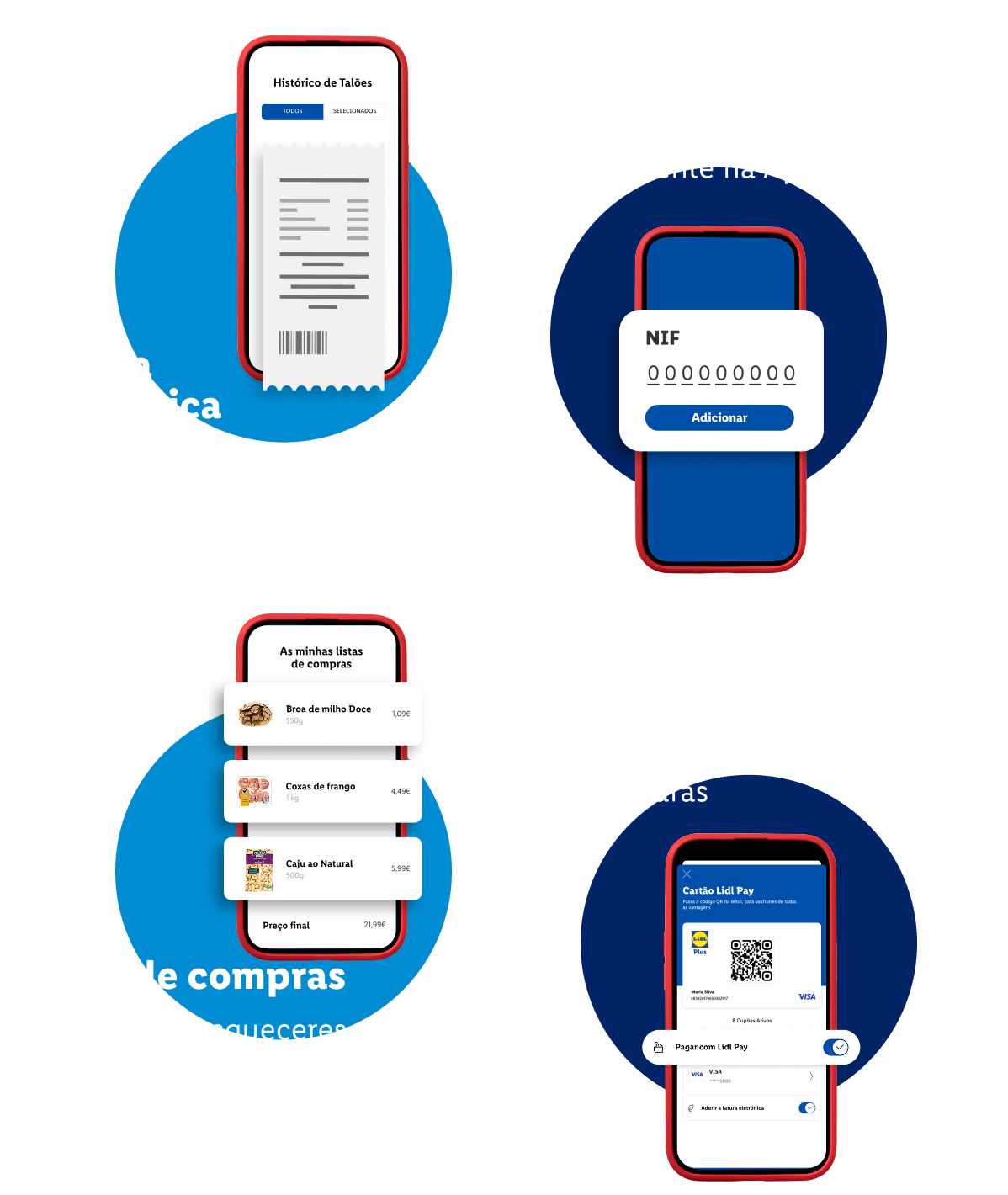 Quatro ecrãs de smartphone com funcionalidades da aplicação: talões, NIF, lista de compras e pagamento.
