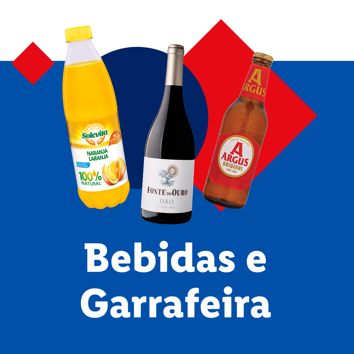 Bebidas e Garrafeira: Seleção de bebidas incluindo Solevita, Fonte do Ouro e Argus.