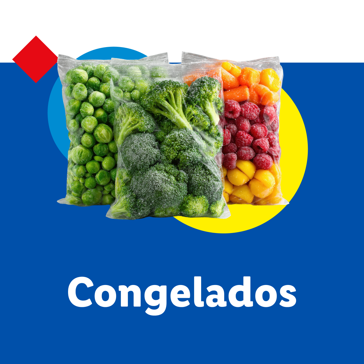 Três embalagens de vegetais congelados: brócolis, couve-de-bruxelas e uma mistura de frutas vermelhas e laranjas.