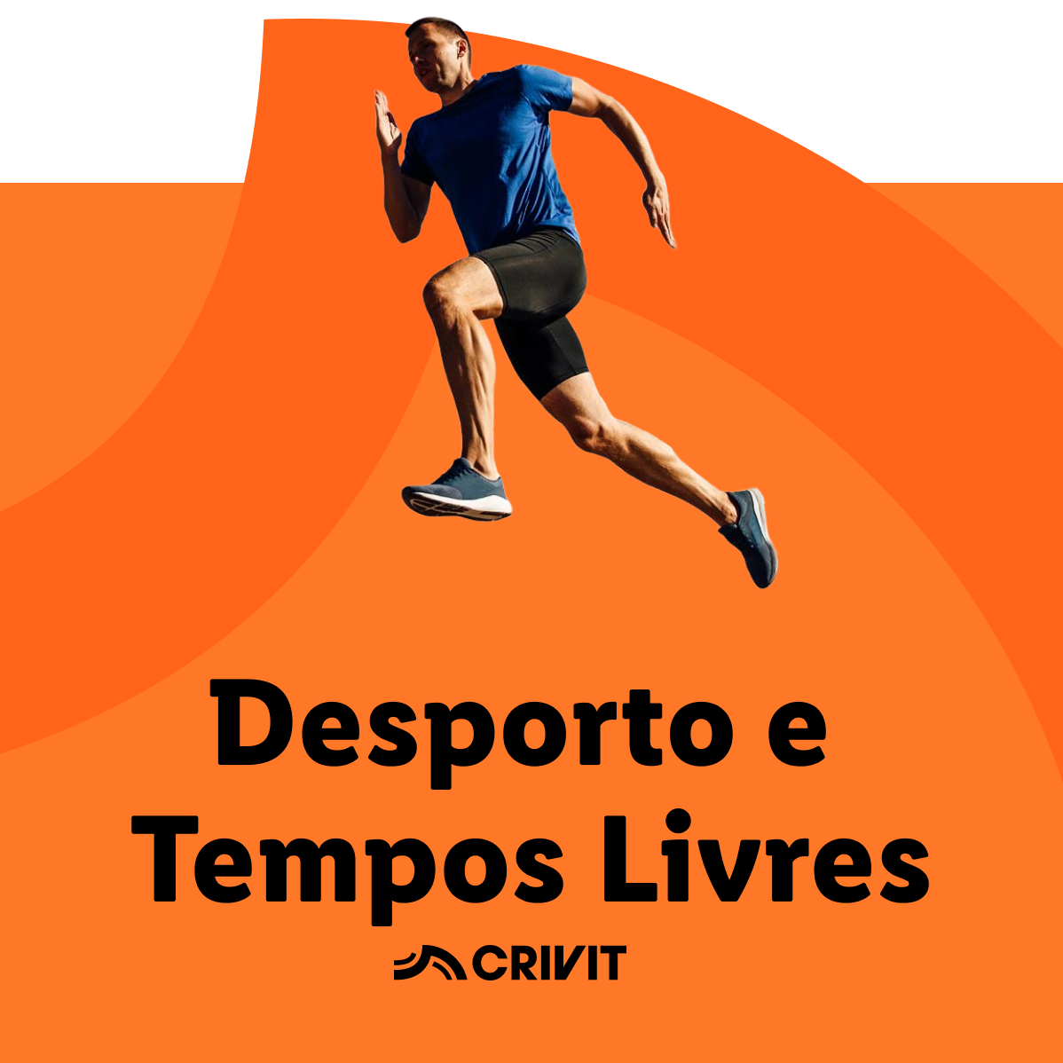 Um homem correndo, usando roupas esportivas Crivit, em um fundo laranja vibrante. Desporto e Tempos Livres.