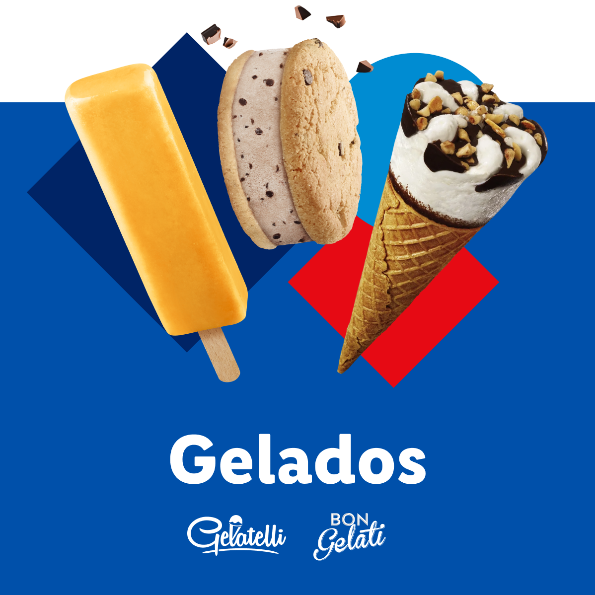 Gelados Bon Gelati: sorvete em palito, cone e biscoito.