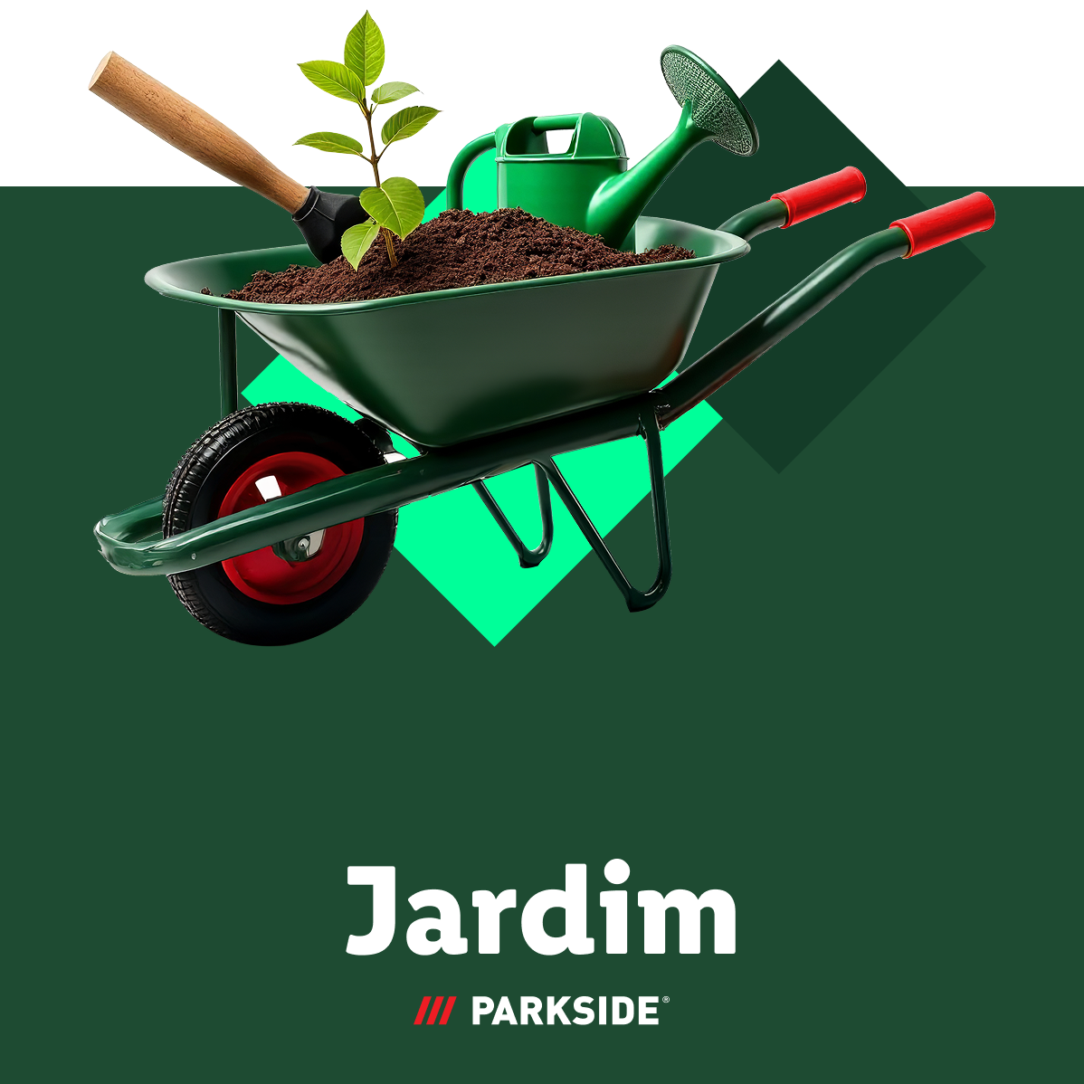 Carrinho de mão, regador e planta jovem da Parkside Jardim.