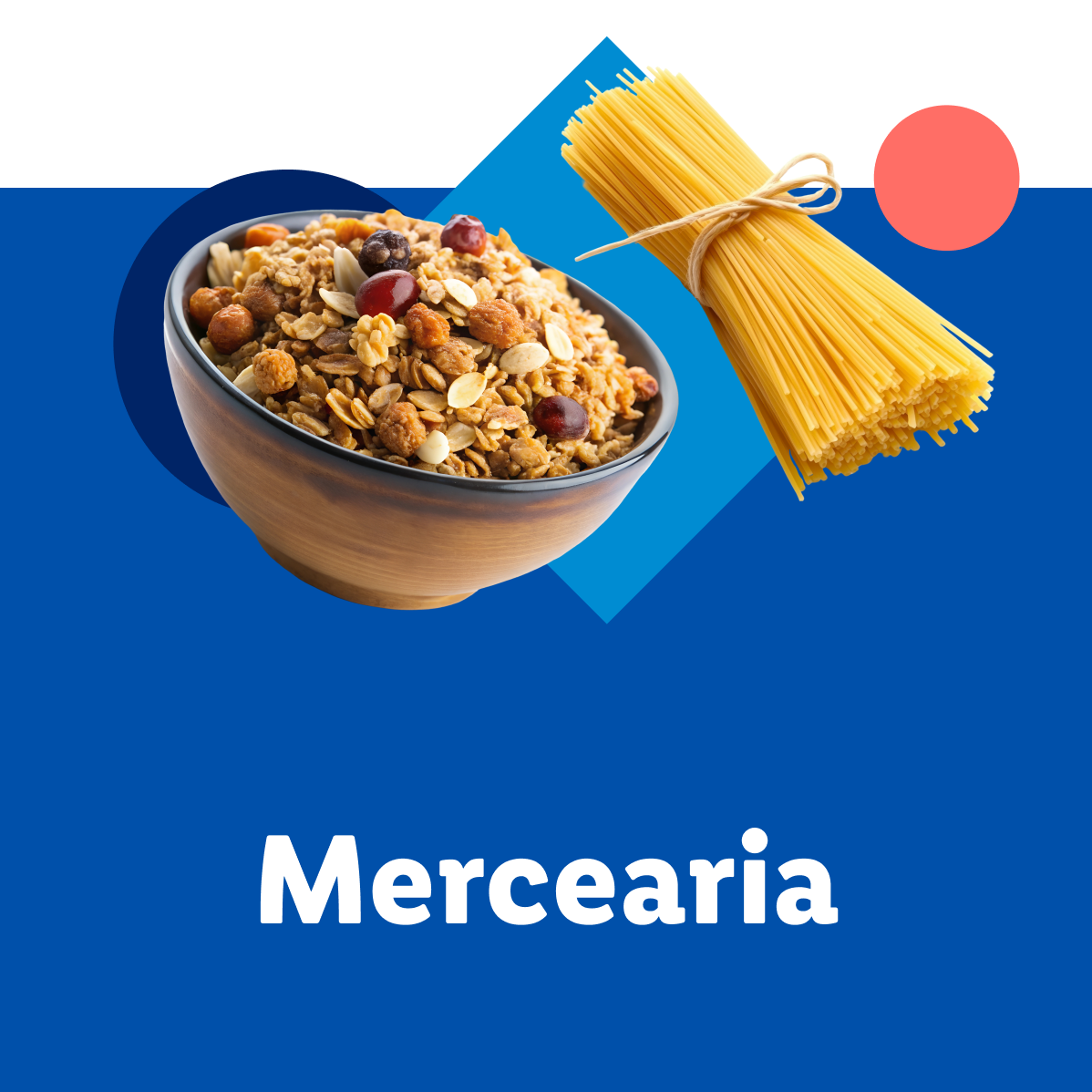 Granola e espaguete em uma mercearia.