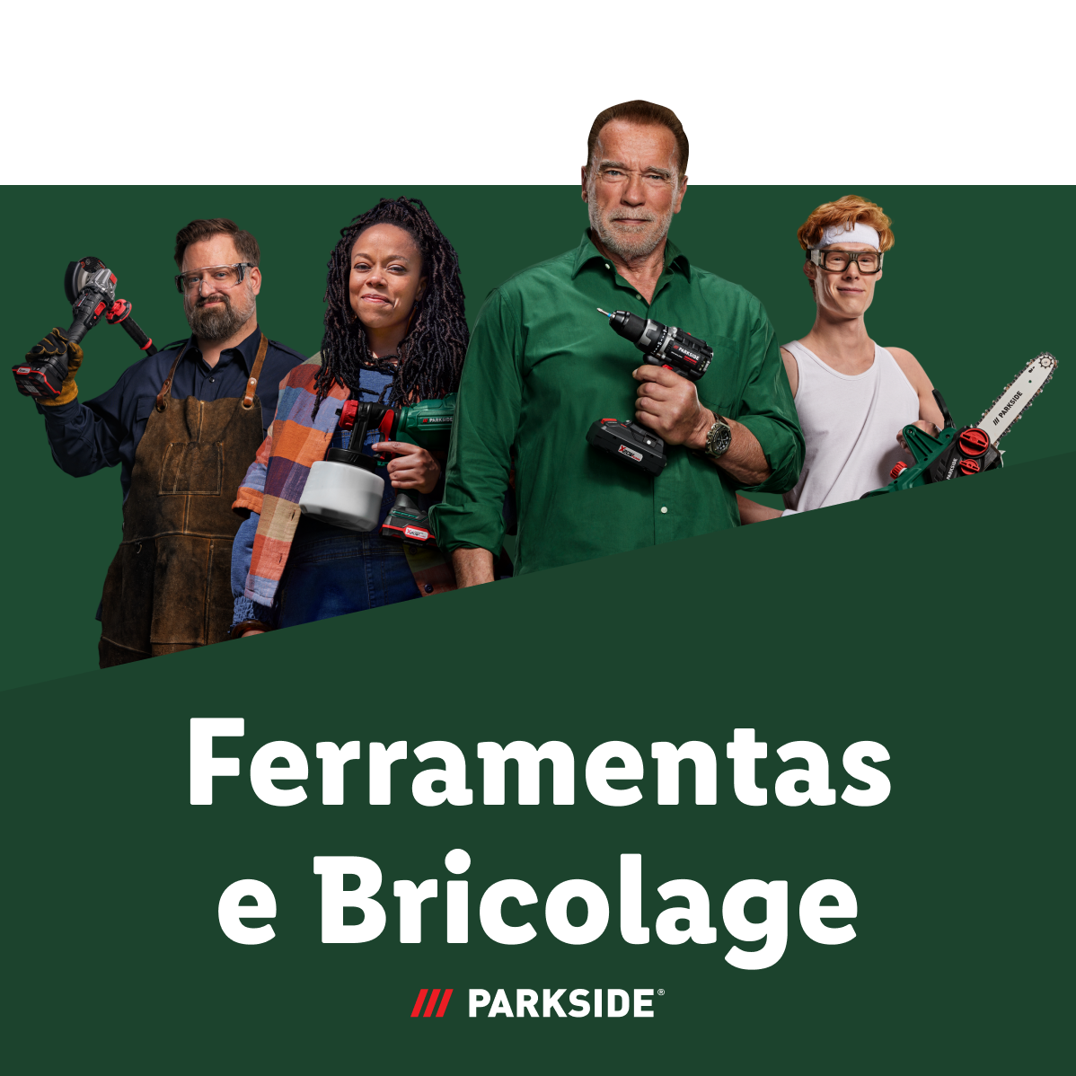 Ferramentas Parkside:  Arnold Schwarzenegger e outros mostram ferramentas elétricas e de bricolage.