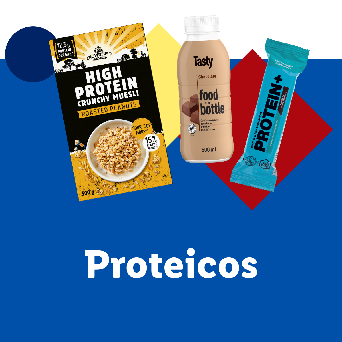 Cereais Crownfield, bebida Tasty e barra de proteína: opções proteicas.