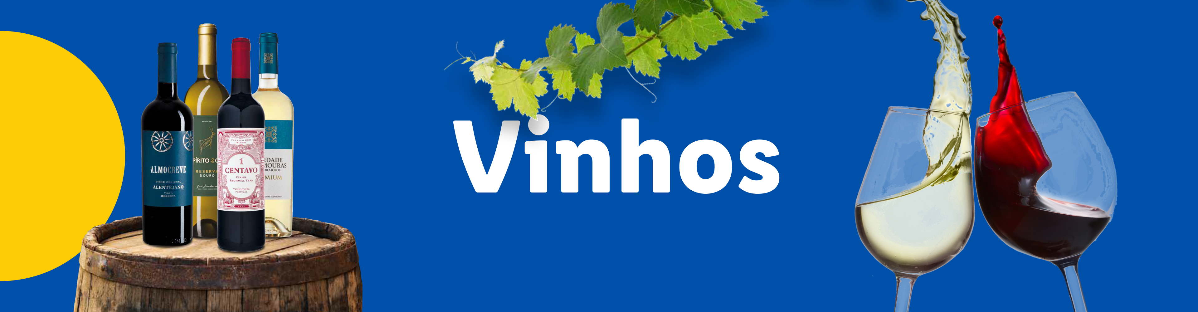 Garrafas de vinho tinto e branco num barril, com salpicos de vinho em copos e folhas de videira.