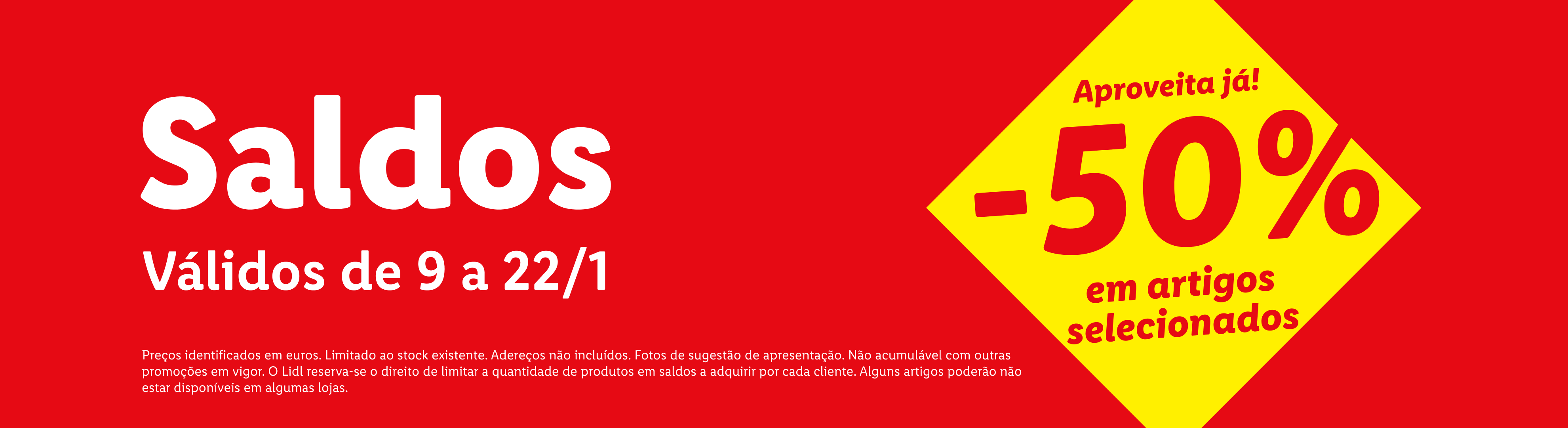 Saldos Lidl com 50% de desconto em artigos selecionados, válidos de 9 a 22 de janeiro.