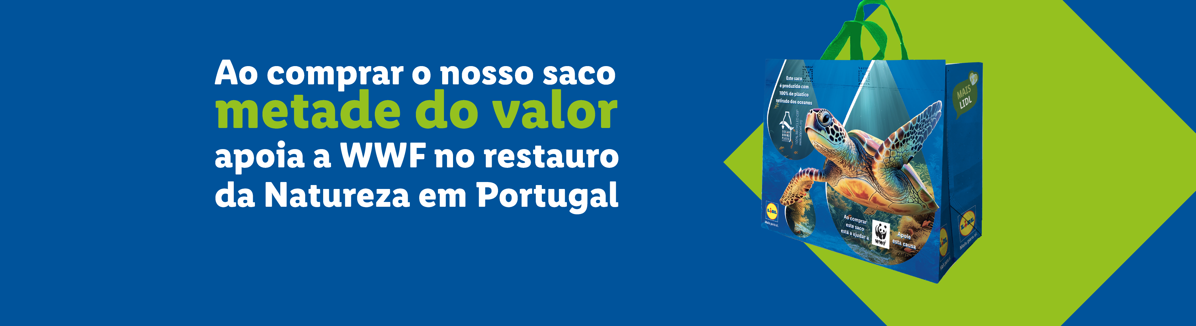 Um saco de compras do Lidl com uma tartaruga marinha e texto sobre o apoio à WWF.