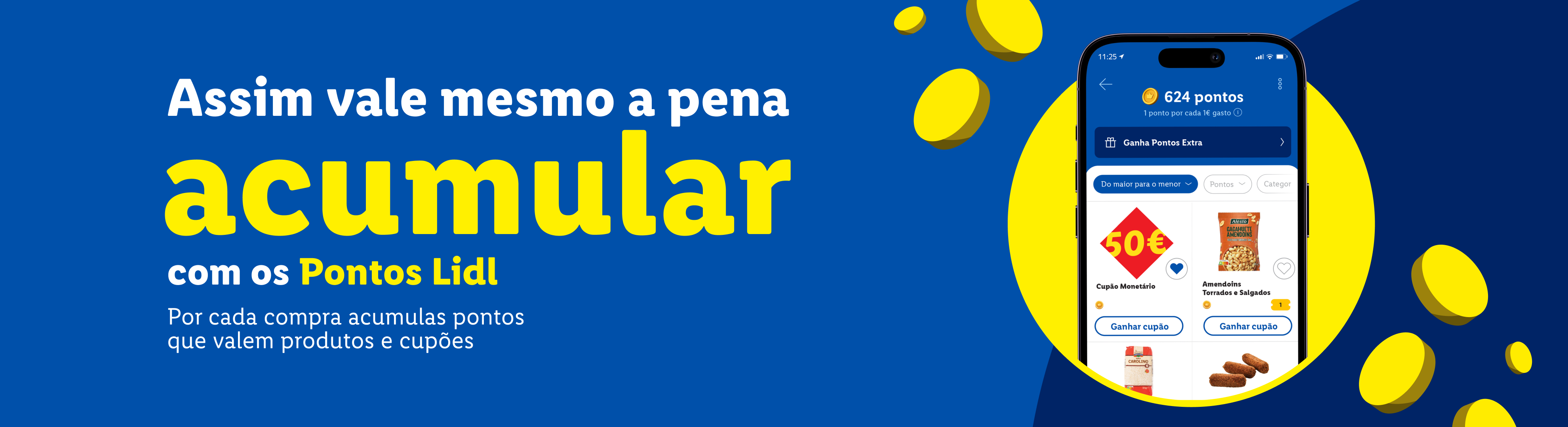 Um smartphone exibe a aplicação de pontos, com amendoins e um cupão de 50€, sobre um fundo azul com moedas amarelas.
