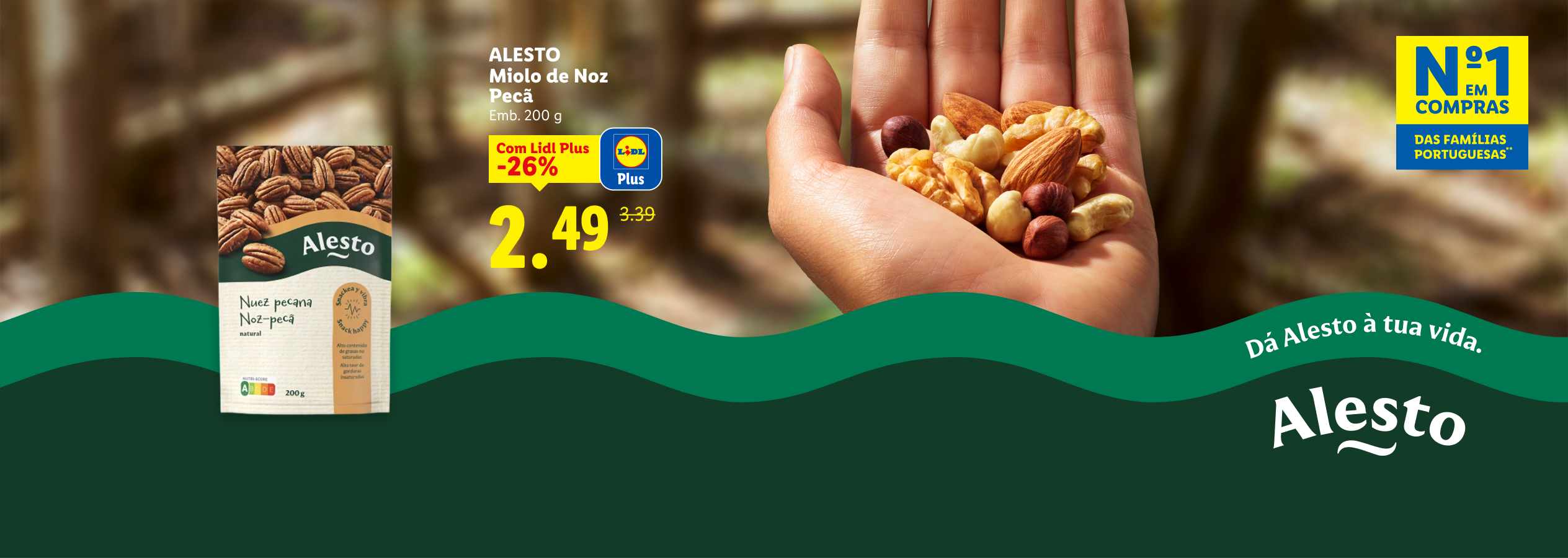 Mãos segurando uma variedade de frutos secos, com nozes-pecã e uma oferta especial.