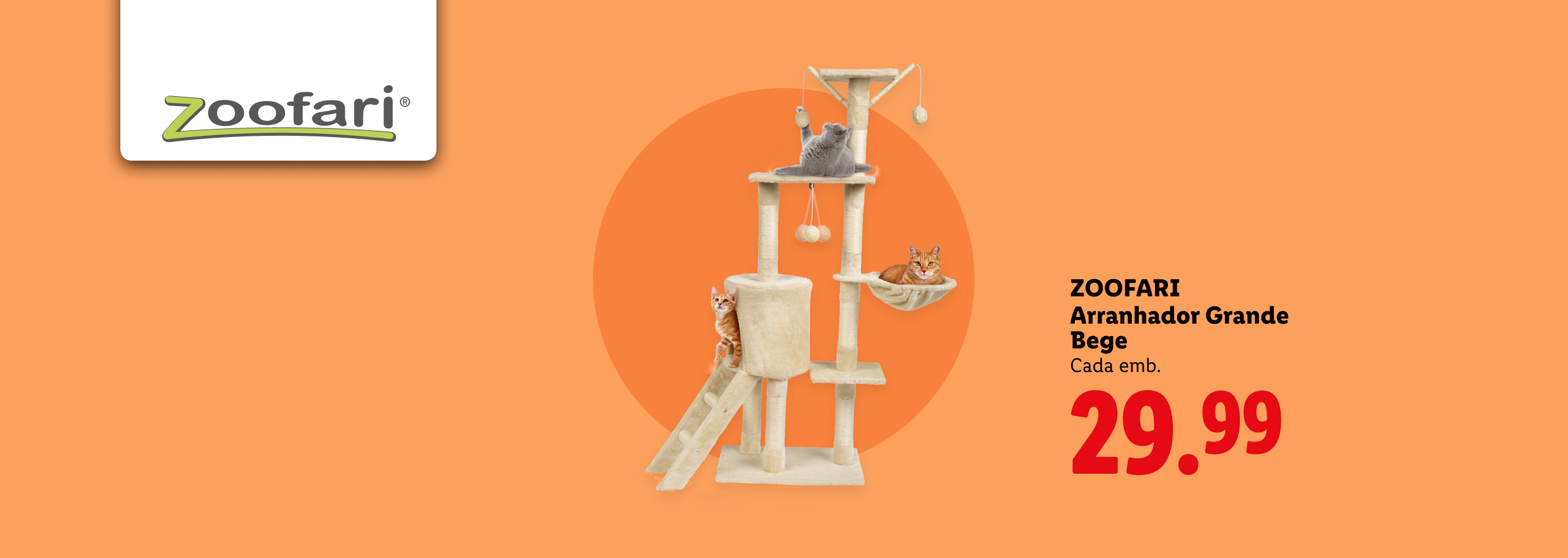 Arranhador grande para gatos com três gatos, um deles a brincar, e preço de 29,99.