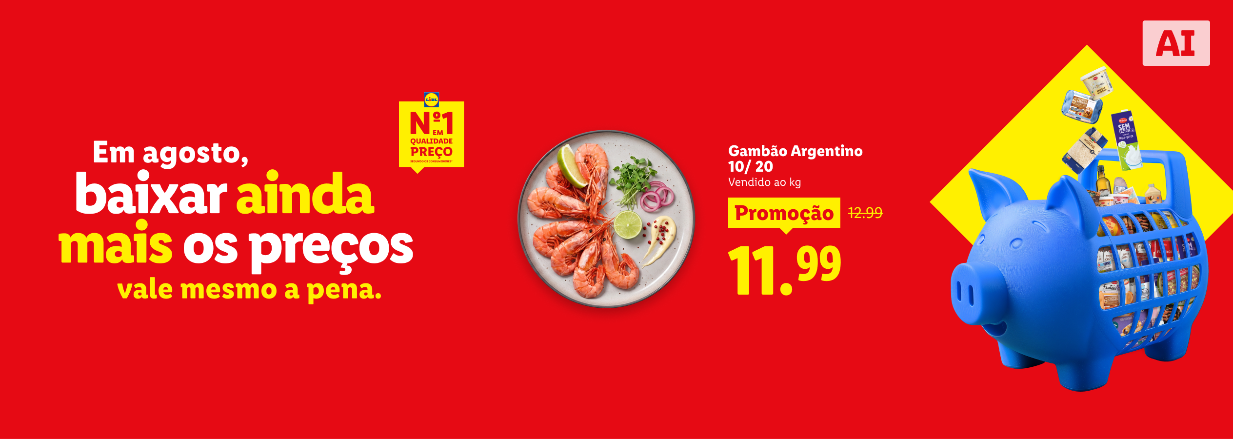 Promoção de camarão argentino e outros produtos, com o tema 'baixar ainda mais os preços'.