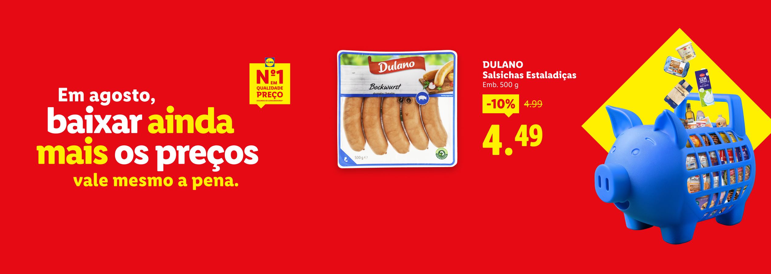 Salsichas em destaque com desconto de 10%, acompanhadas de um carrinho de compras em forma de porquinho cheio de produtos.