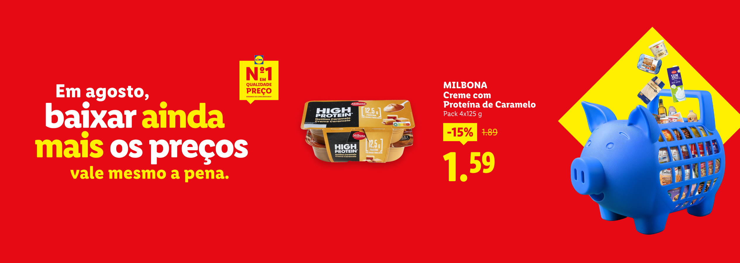 Anúncio de supermercado com creme de caramelo com proteína em destaque e um porquinho mealheiro azul cheio de produtos.