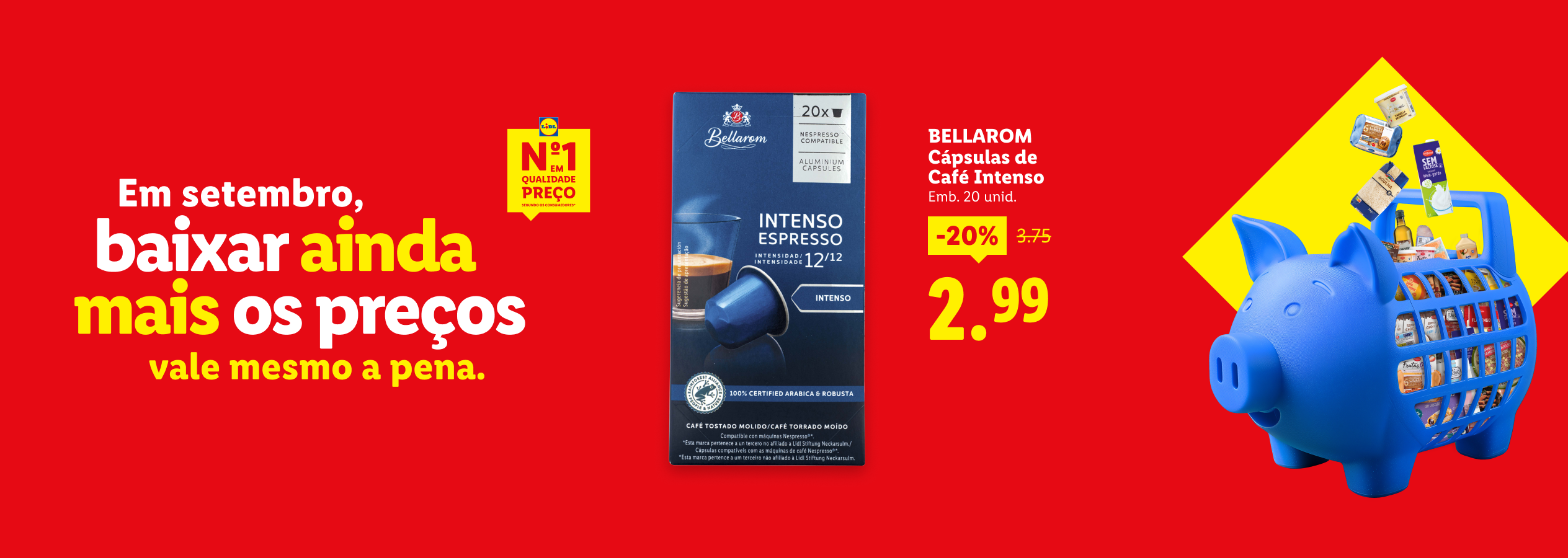 Cápsulas de café intenso em promoção, com um carrinho de compras em forma de porquinho cheio de produtos.