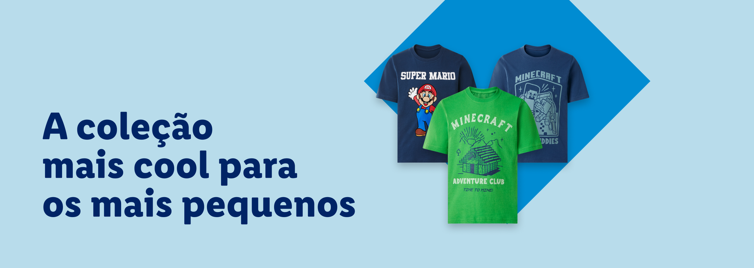 T-shirts infantis com estampados de jogos, como Super Mario e Minecraft, para os mais pequenos.