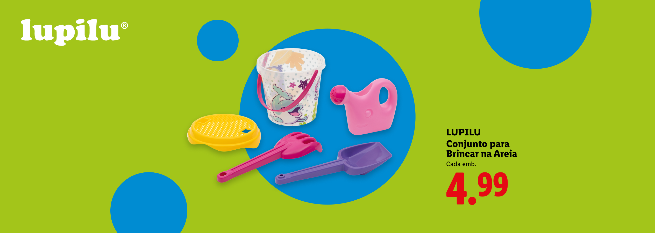Conjunto de brinquedos de areia com balde, regador, ancinho e pá, por 4,99.