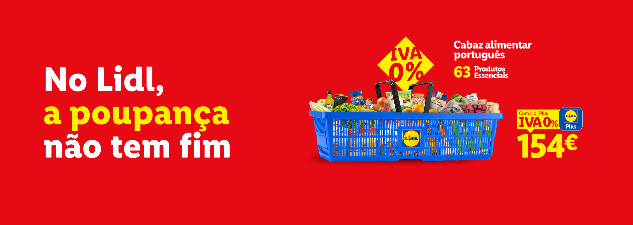 Cesto de compras com alimentos essenciais, incluindo frutas, legumes, carne e arroz, com destaque para IVA 0% e poupança.