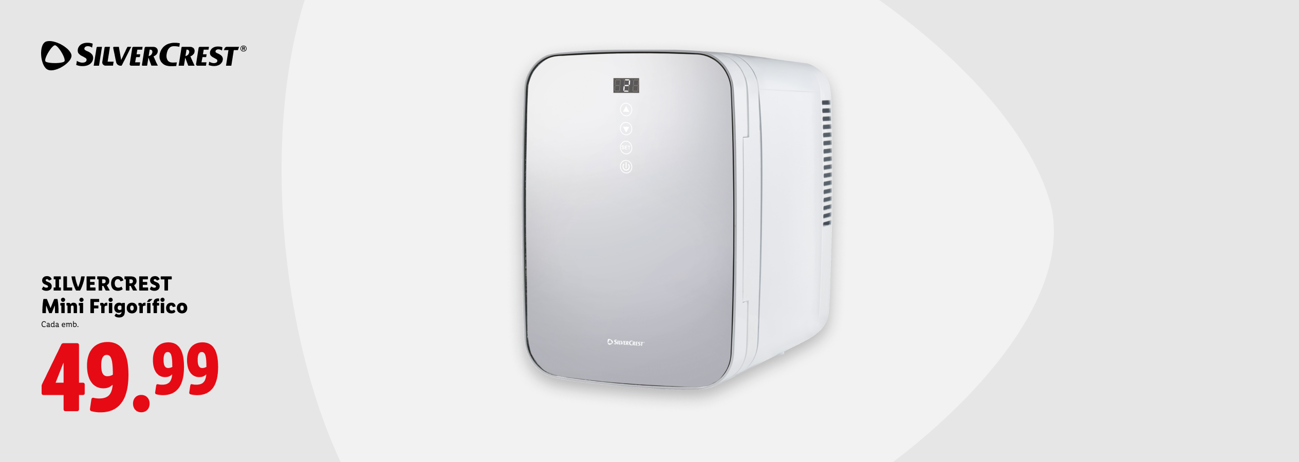 Mini frigorífico prateado com ecrã digital e botões de controlo, preço 49,99.