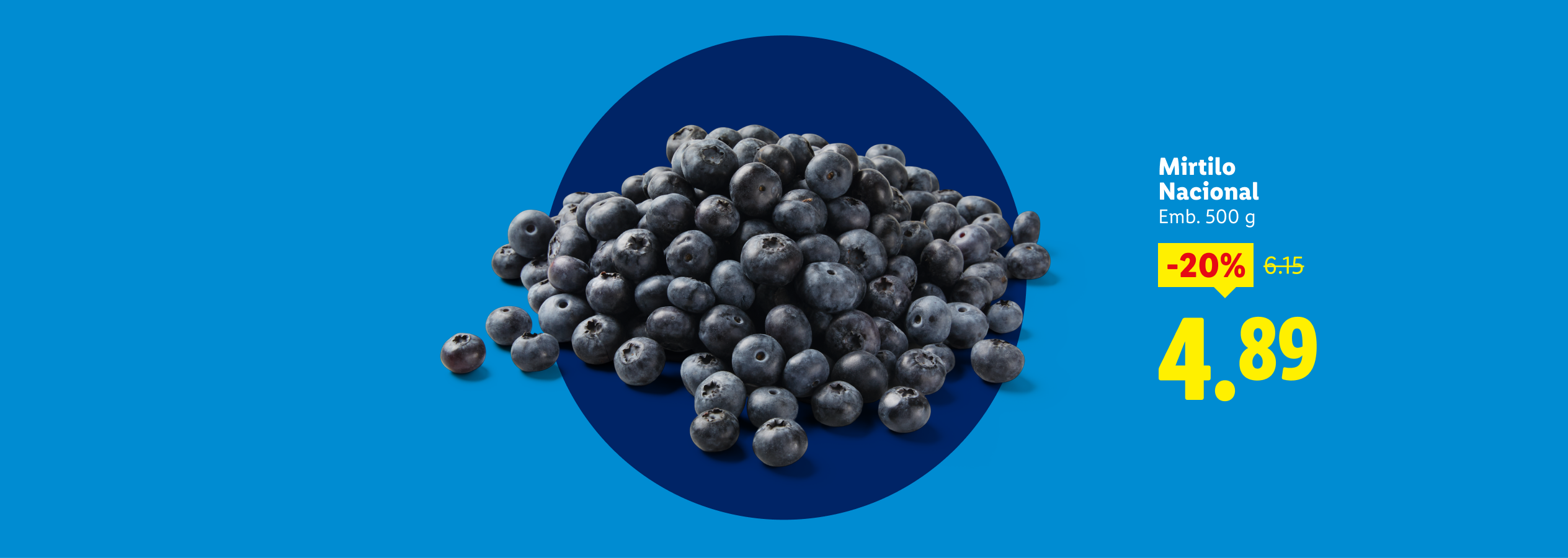 Mirtilos frescos em promoção, 500g por 4,89€, com 20% de desconto.