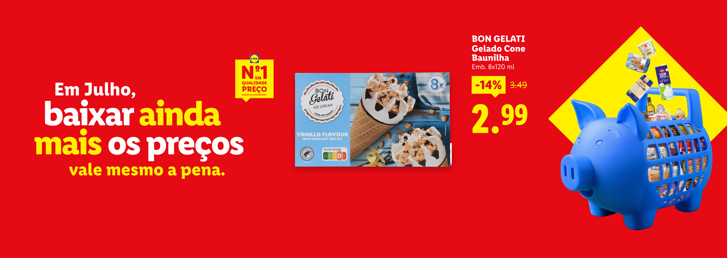 Anúncio de gelado de cone de baunilha com desconto, com um porquinho mealheiro cheio de compras.