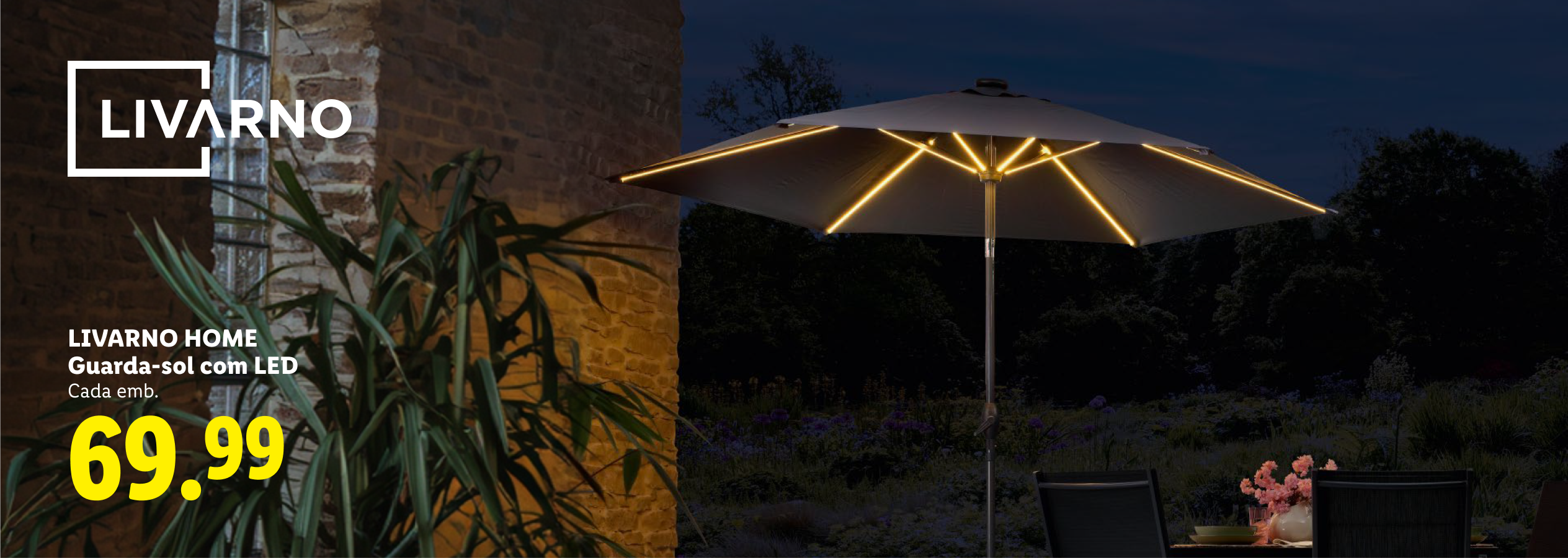 Guarda-sol com LED iluminado à noite, com preço de 69.99.