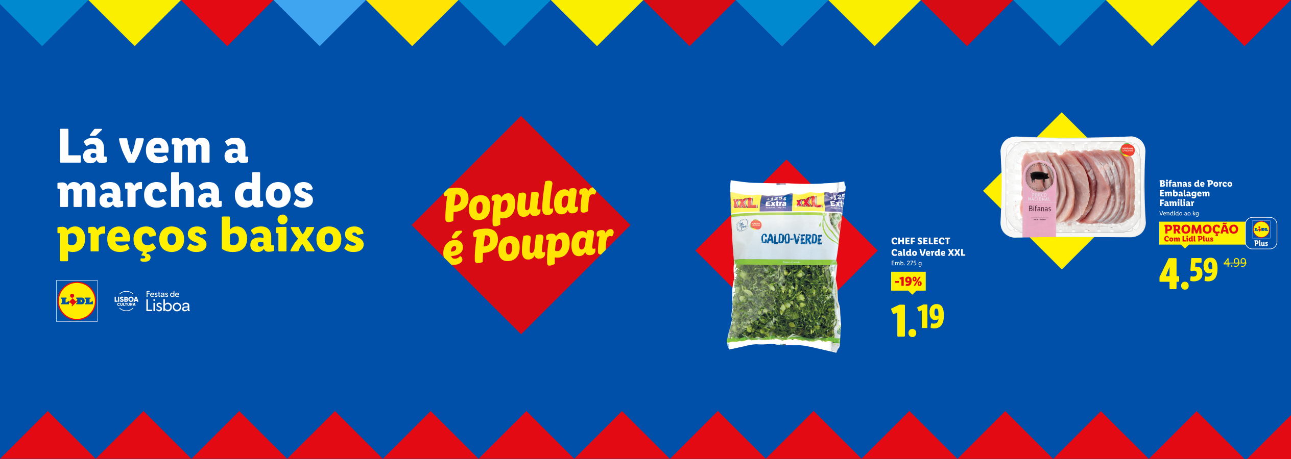 Anúncio do Lidl com o tema 'Lá vem a marcha dos preços baixos', destacando caldo verde e bifanas de porco.