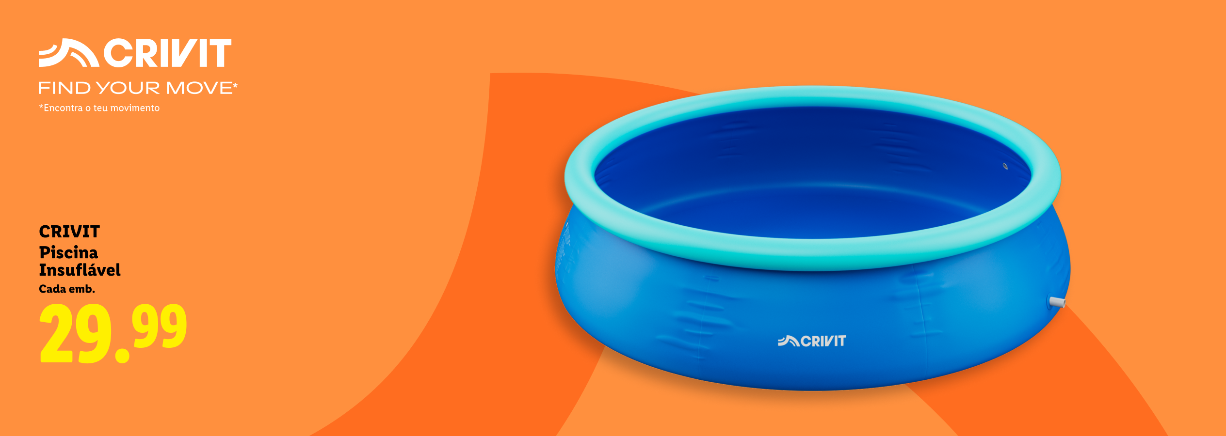 Piscina insuflável azul com anel superior turquesa, preço 29,99.